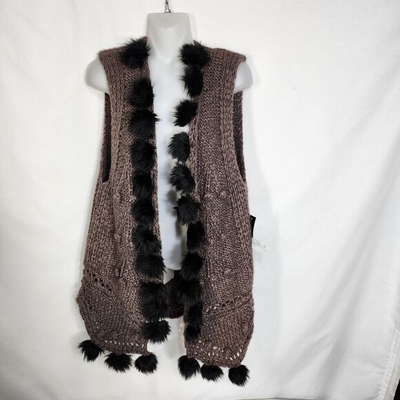 Notations Womens Sweater Cardigan Vest Size 1X Pom Poms Brown Knit Open Front - Picture 3 of 13